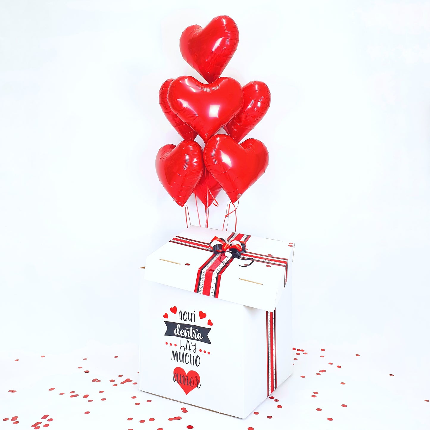 Balloon Box with 7 heart balloons "In here..."