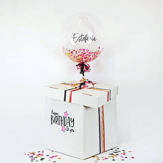 Balloon Box Happy Birthday "Gold-Fuchsia Confetti" 